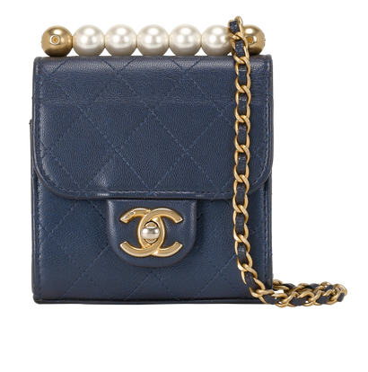 Mini Chic Pearls Flap, &pound;2,100, Handbags, Blue, Leather/Pearl, Front view